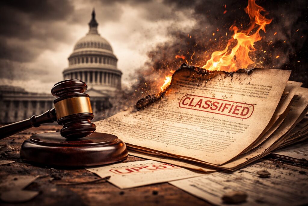 Gavel and “classified” documents burning in front of the U.S. Capitol, symbolizing a justice system under pressure and political accountability in crisis.