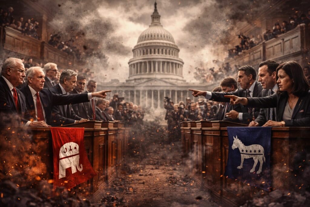Opposing political figures confront each other near the U.S. Capitol, symbolizing partisan standoff and escalating conflict in Washington.