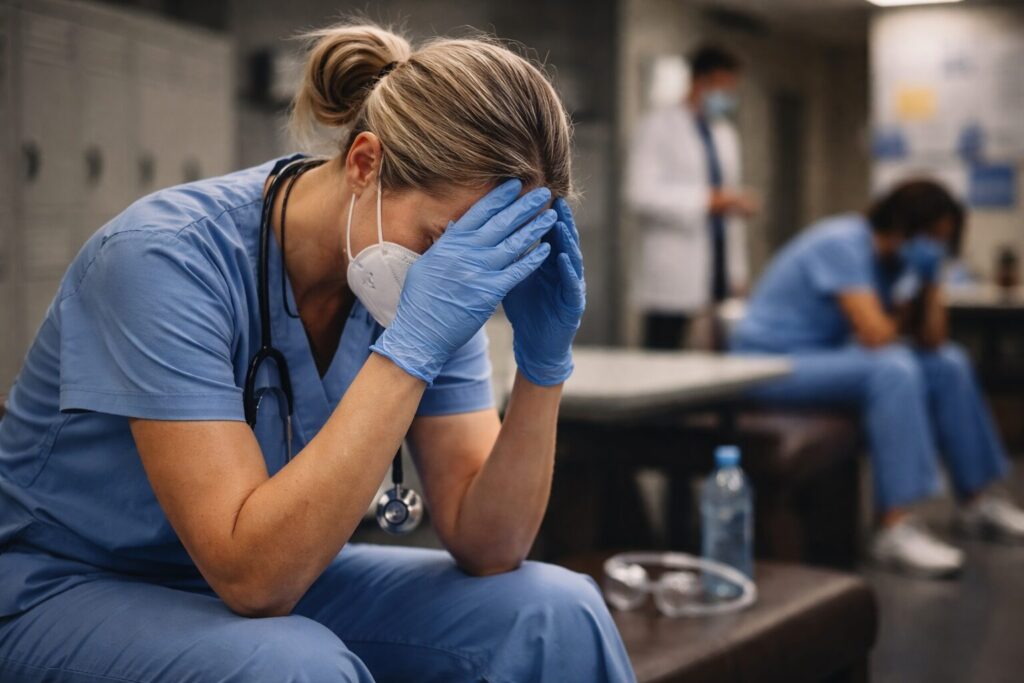 Exhausted nurse in blue scrubs wearing an N95 mask and gloves sits in a hospital break area with her head in her hands, while other masked staff rest in the background, conveying frontline burnout during April 2020.