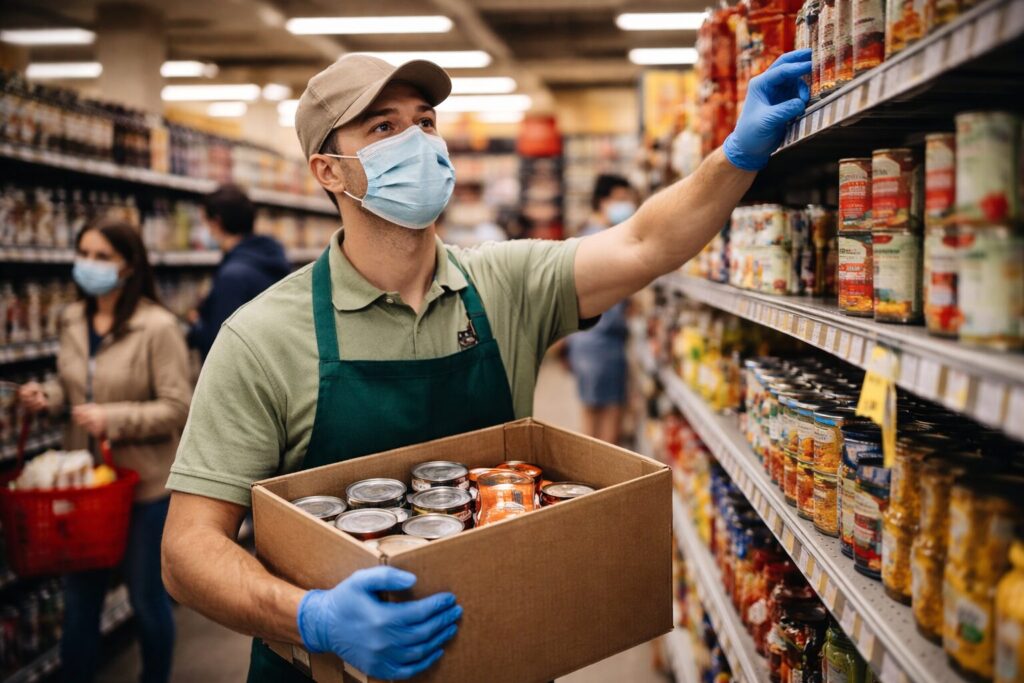 Masked grocery store worker in an apron and gloves stocks canned goods from a cardboard box while shoppers move through the aisle in the background, illustrating frontline retail work during the pandemic.