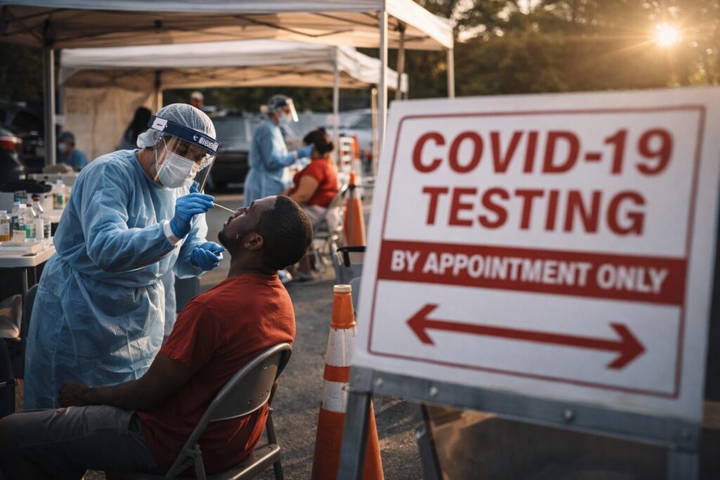 A healthcare worker in protective gear administers a COVID-19 test to a seated man at an outdoor testing site, with testing signage visible nearby.