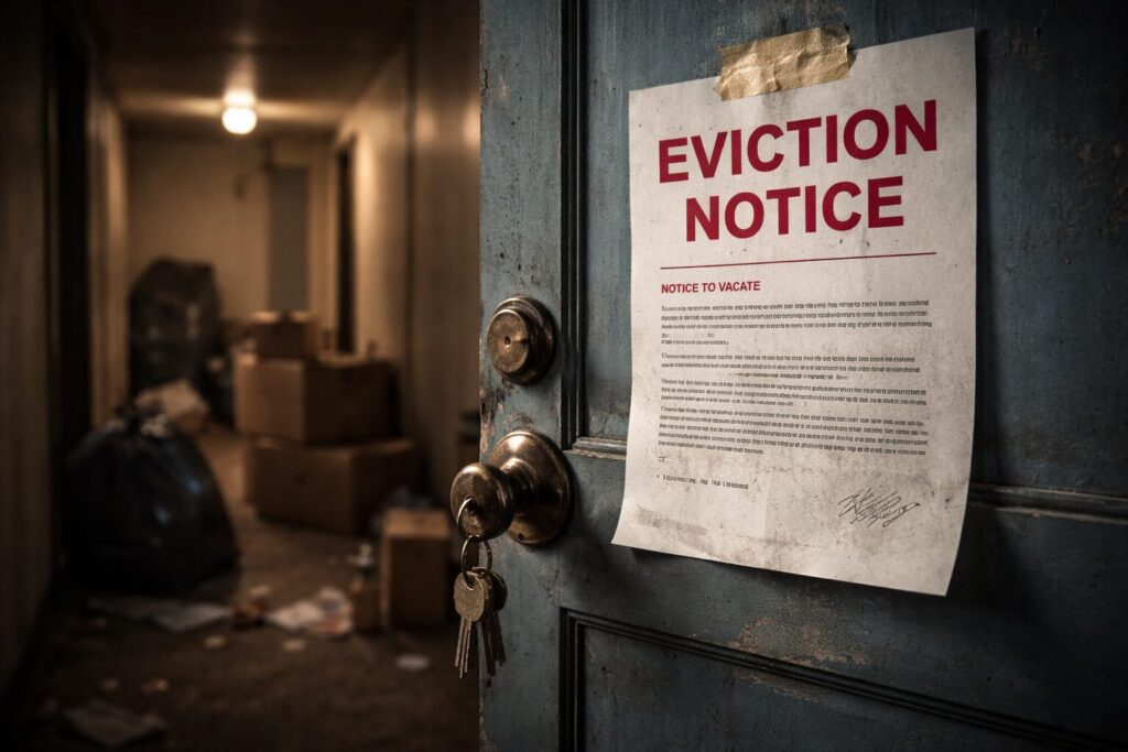 An eviction notice taped to an apartment door with keys hanging from the lock, boxes and bags visible in a dim hallway behind it.