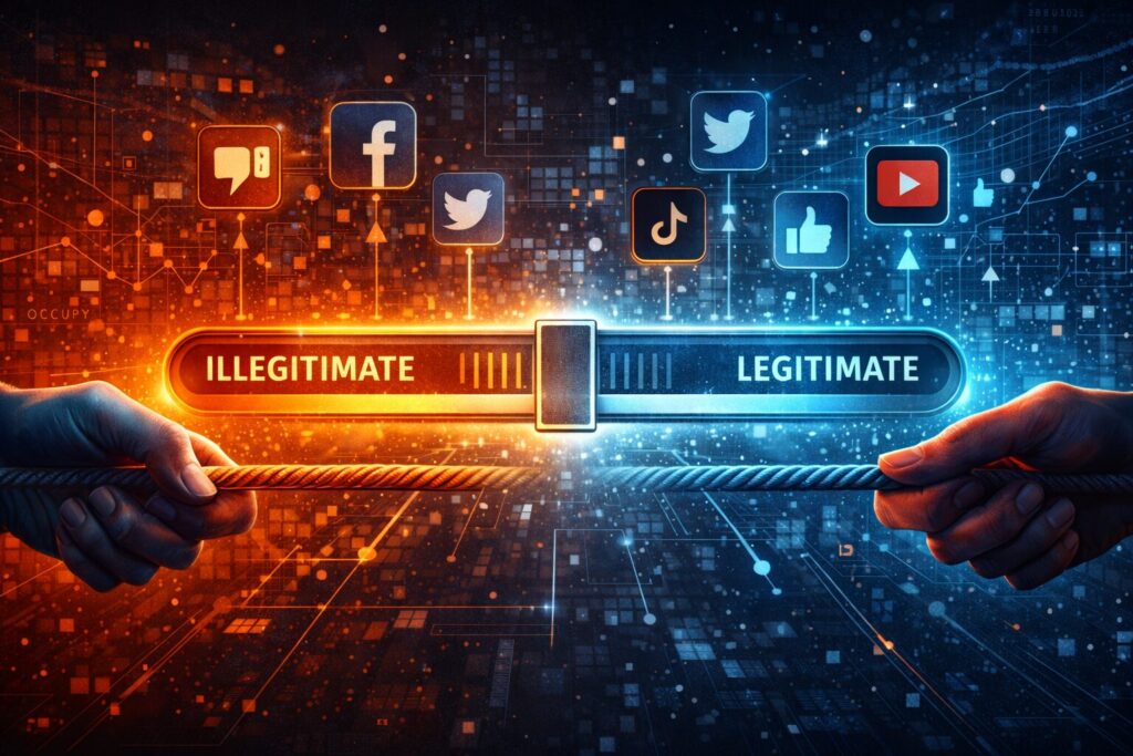 Two hands pull a rope under a glowing slider between “illegitimate” and “legitimate,” surrounded by charts and platform-style icons.