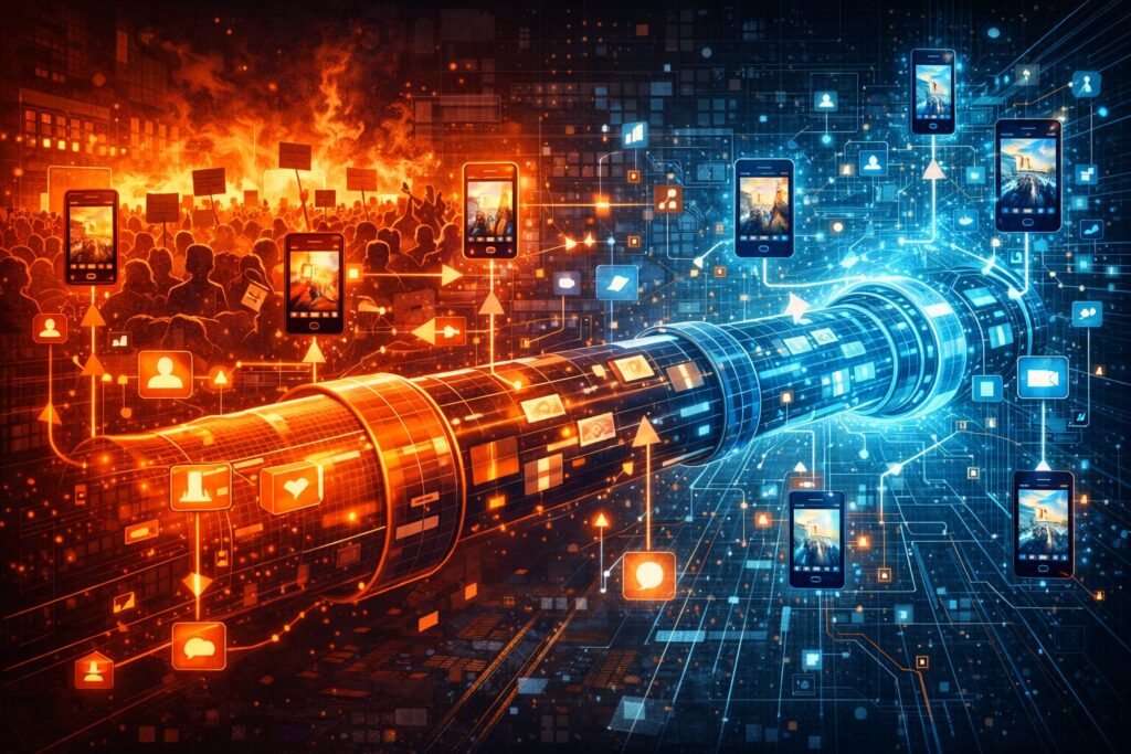 A protest crowd in orange tones flows through a glowing data tunnel into a blue digital network filled with phones and icons.