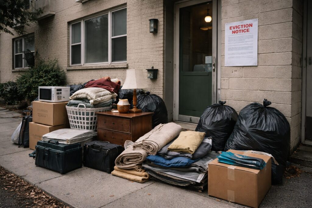 Personal belongings are piled on a sidewalk outside an apartment building, with an eviction notice posted near the entrance.