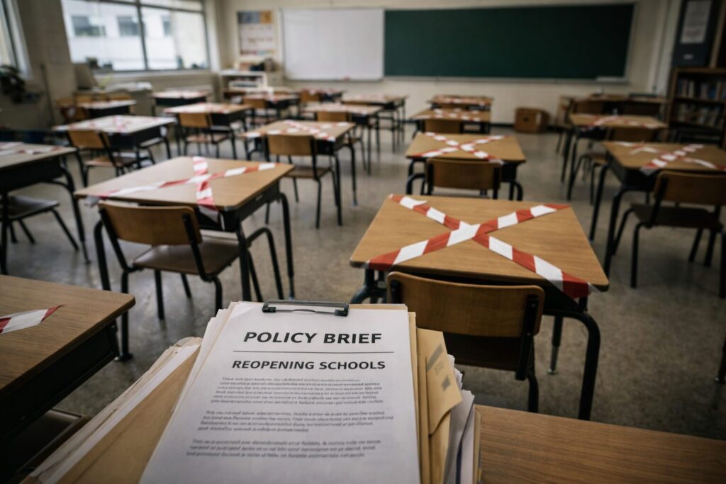 An empty classroom with desks marked for social distancing and a stack of documents titled “Reopening Schools” on a desk in the foreground.