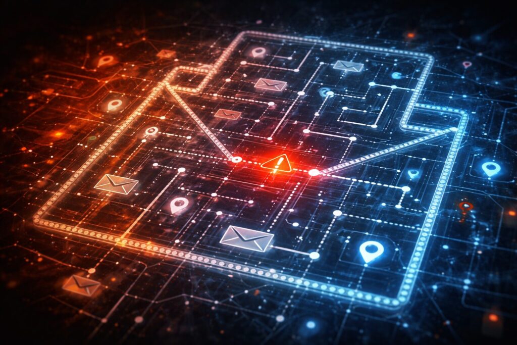 A ballot-shaped network grid with mail icons and routing lines, with one broken connection glowing red and marked with a warning symbol.