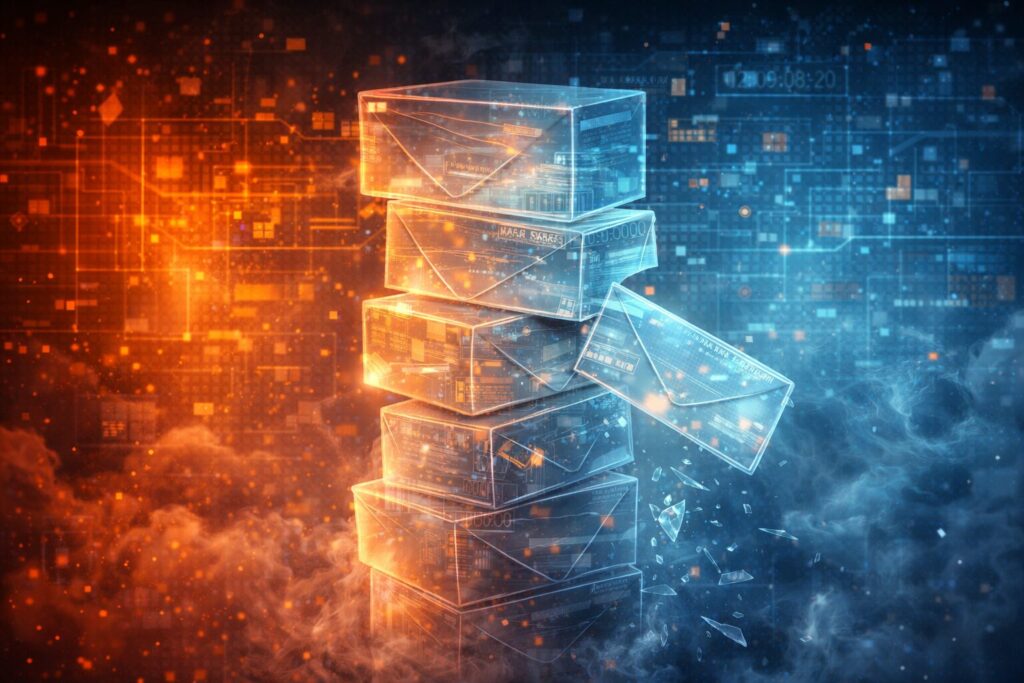 A precarious tower of glass-like envelope blocks with one slipping out and shards falling, set against a glowing digital grid