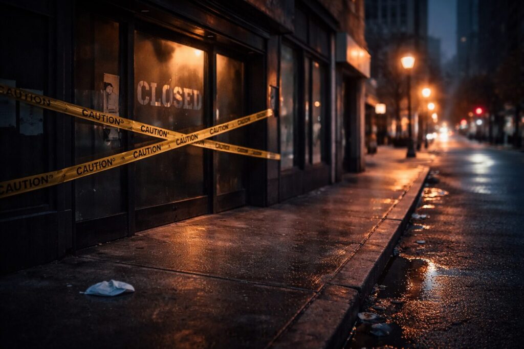 Dimly lit printing press feeding freshly printed newspapers in motion, with headlines blurred and unreadable, symbolizing the media machine accelerating during a public crisis.