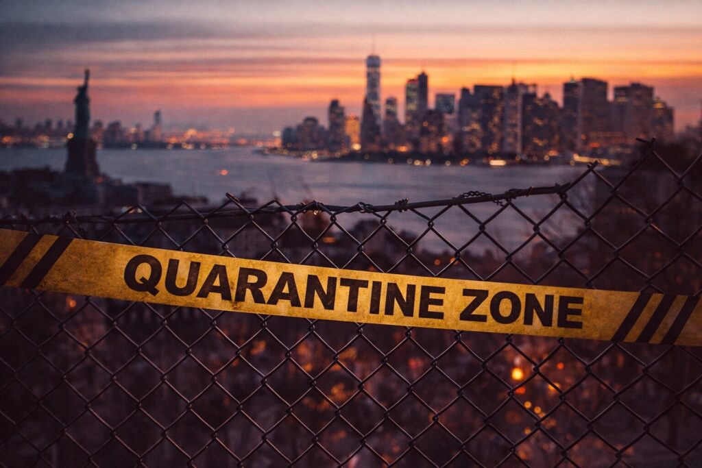 City skyline at sunset seen through a chain-link fence wrapped with “QUARANTINE ZONE” tape, with the American flag faintly visible in the background, symbolizing lockdown and national anxiety in March 2020.