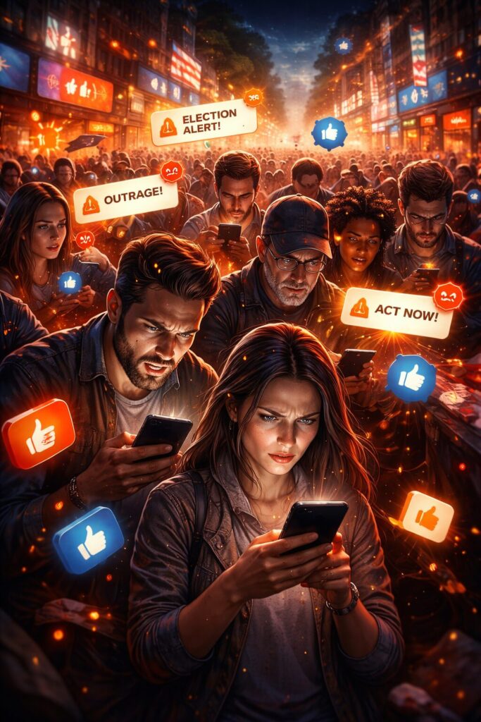 Crowd of people walking while staring at glowing smartphones, suggesting a public synchronized by feeds and the pressure to perform politics online.