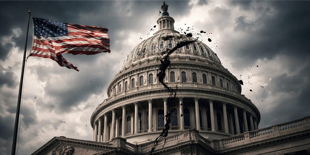 Illustration of the U.S. Capitol with visible cracks, symbolizing institutional strain and democratic fragility.