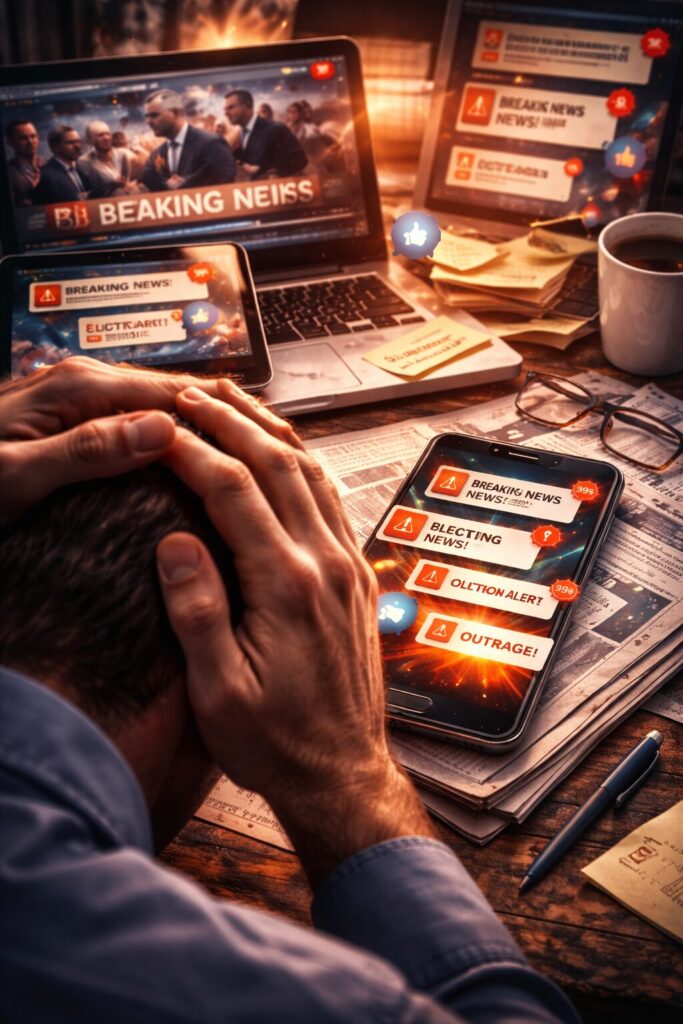 Person clutching their head while surrounded by multiple screens filled with urgent headlines and alerts, illustrating information overload and constant political noise.