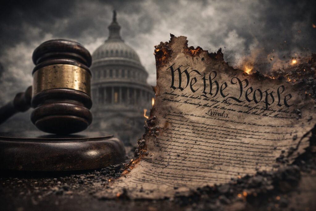 Close-up of a judge’s gavel beside a scorched “We the People” page of the U.S. Constitution, with the Capitol blurred behind storm clouds, symbolizing democratic norms under threat.