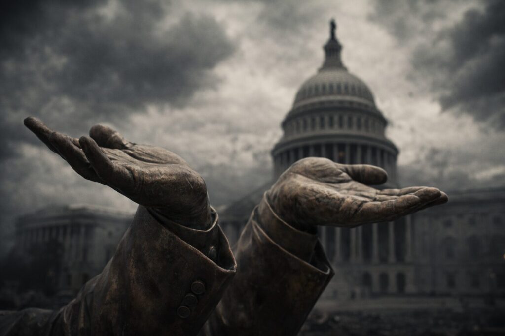 Close-up of a bronze statue’s hands raised in a shrug, with the U.S. Capitol blurred in the background under dark, stormy skies, symbolizing political indifference and institutional strain.