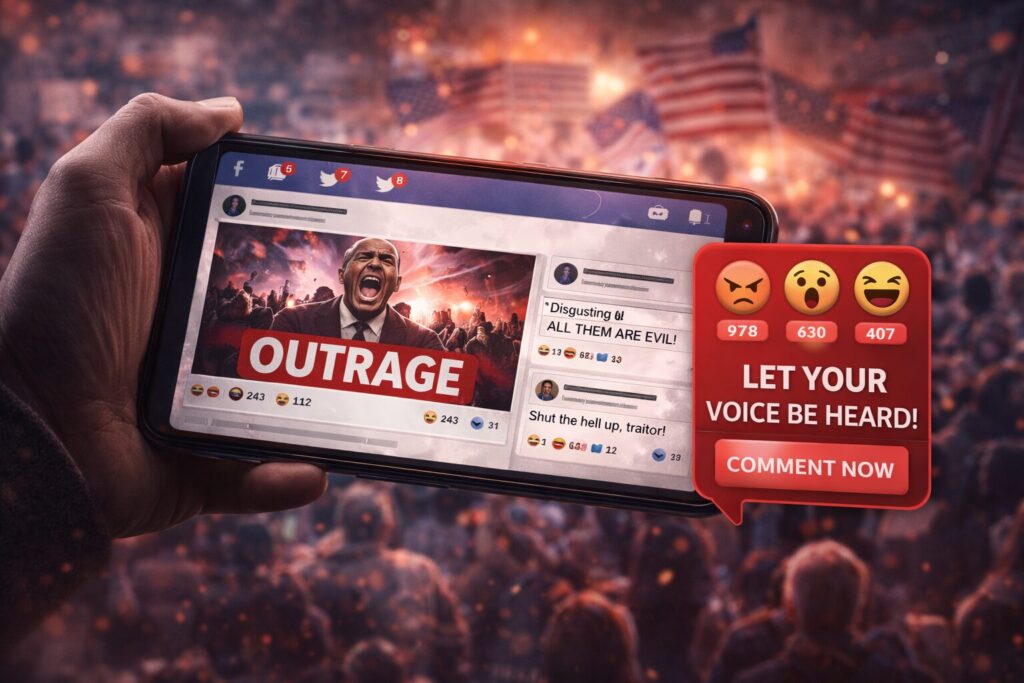 Person holding a smartphone in landscape orientation while a chaotic blur of political headlines and notification-style graphics fills the background, illustrating the habit of doomscrolling and quick-hit outrage.