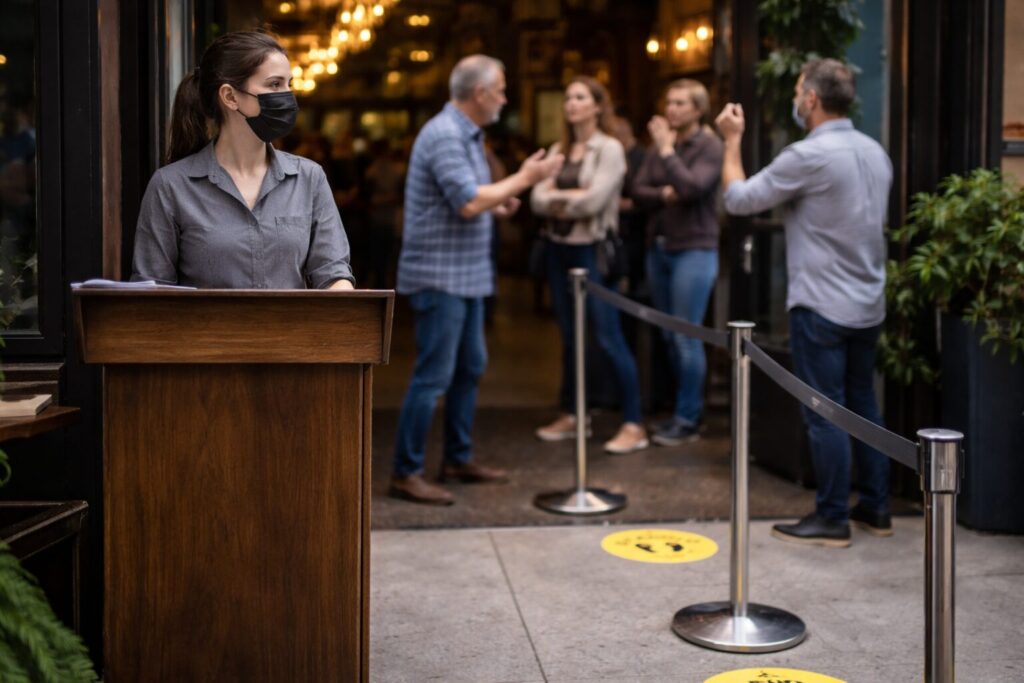 Masked restaurant host stands at a rope barrier while customers argue in the background, illustrating how reopening pushed conflict and rule enforcement onto frontline workers.