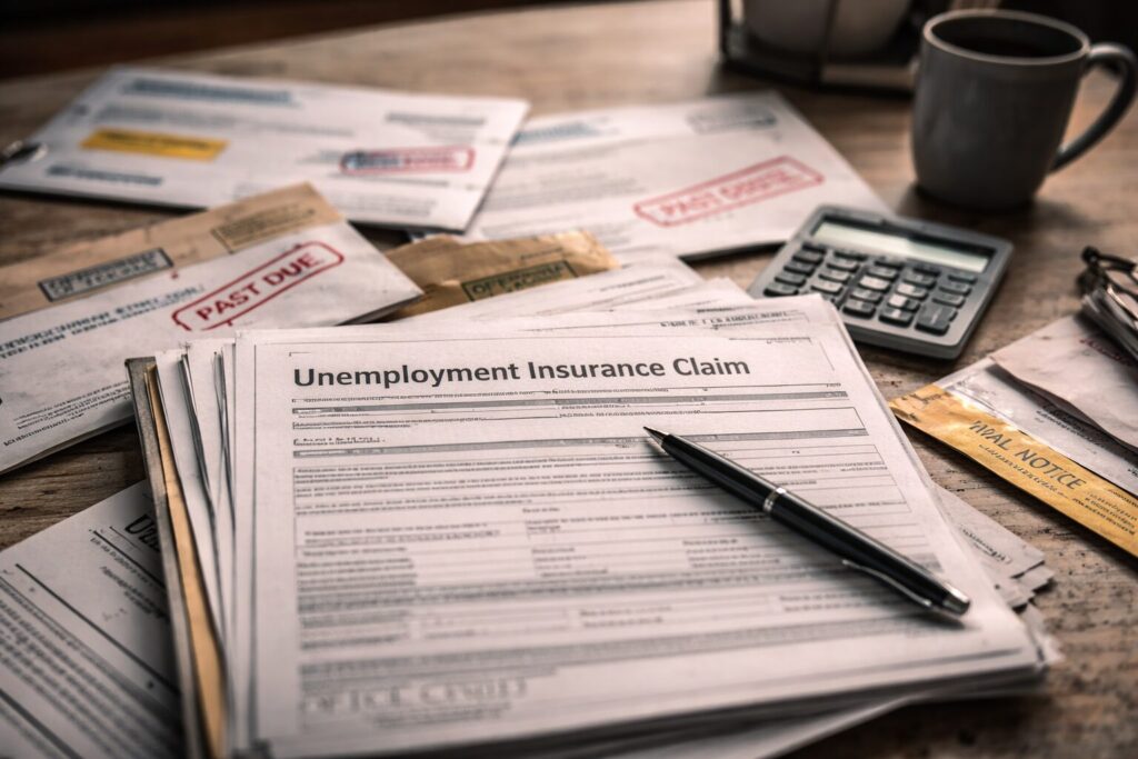 Cluttered kitchen table covered with unemployment claim paperwork, overdue notices, and a calculator, showing the household-level stress and bureaucracy behind pandemic relief.