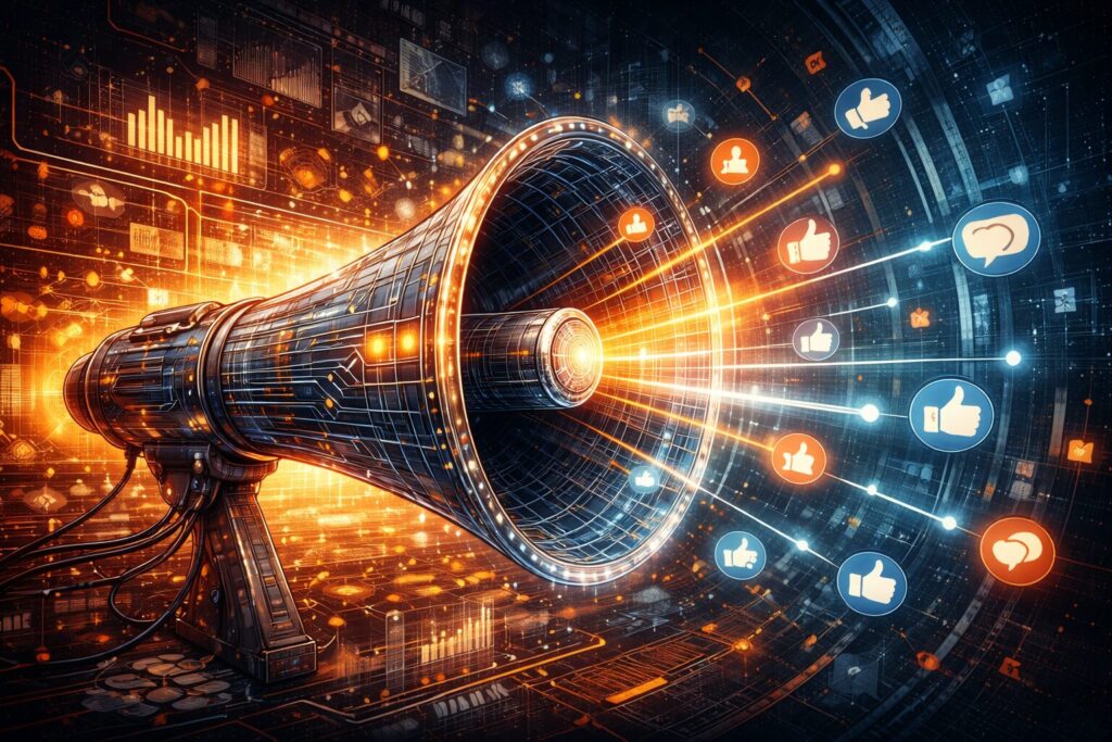 A circuitry-built megaphone blasts glowing signals as reaction icons and speech bubbles radiate outward over data charts