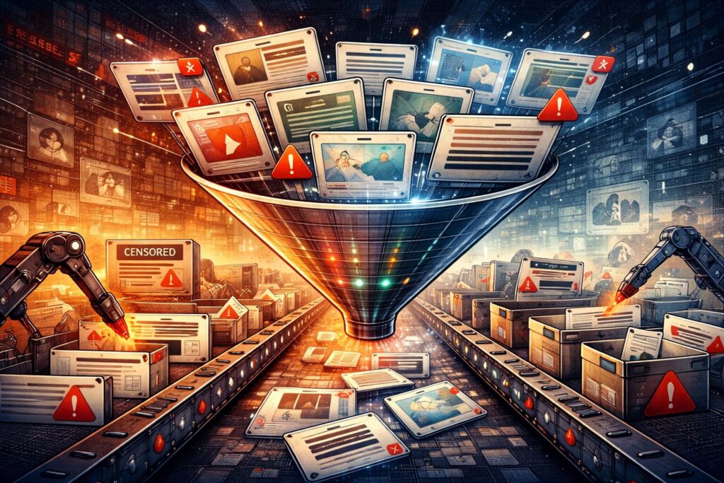 A giant funnel sorts floating content tiles while warning-marked items are diverted onto conveyor belts by robotic arms.